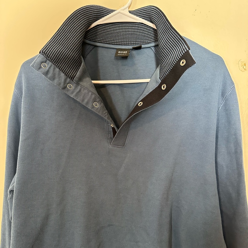 Hugo Boss Men's Large Blue Quarter-Button Sweater Striped Collar